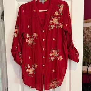 Red Floral Embroidered Button-Front Women's Top by Figueroa & Flower